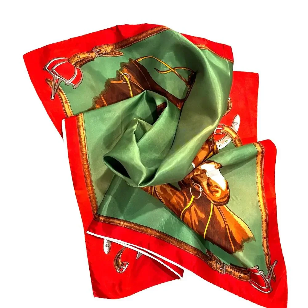 Vintage silky acetate scarf horses equestrian large square faded red green brown